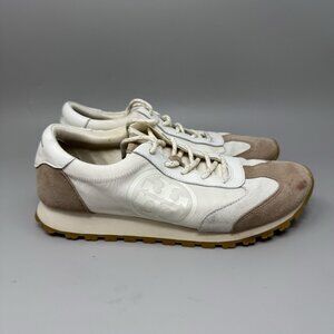 Tory Burch Annie Nylon Runner Sneaker Leather Running Tan White Size 9M